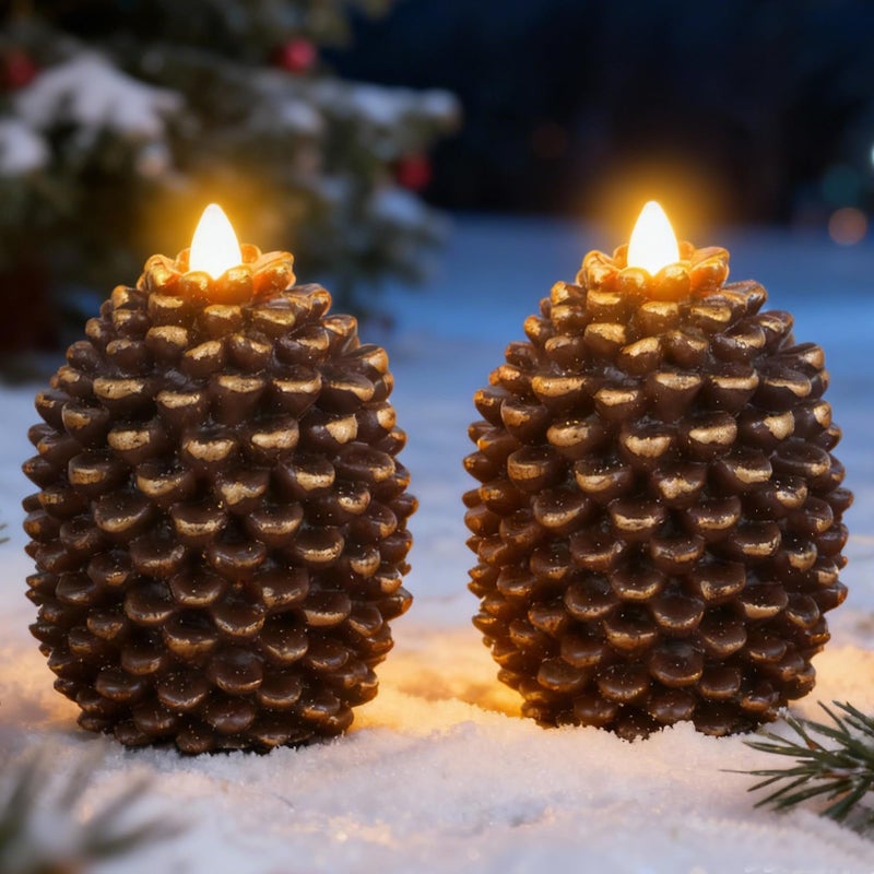 Eldnacele Pine Cone Flameless Candles Battery Operated with 6 Hour Timer Unscented Real Wax Flat Wick Flickering Pinecone LED Candles Christmas Home Holiday Decoration(2 Pack Brown) - Image 1